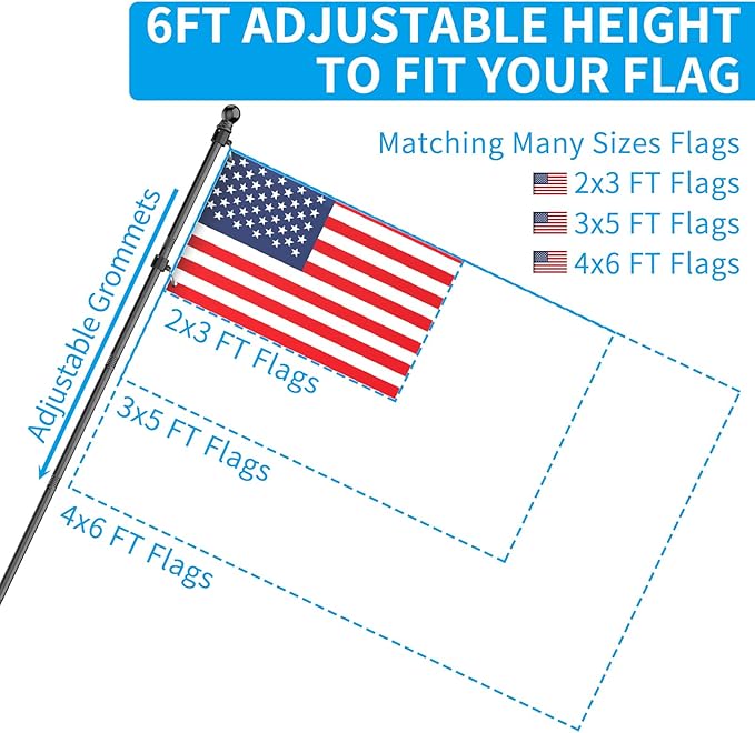 ZMTECH 2 Pcs 6 FT Flag Pole with Solar Light - Adjustable Bracket, Stainless Steel Flag Poles for Outside House, Tangle Free Flag Pole Holder Kit for American Flag (Without Flag, Black)