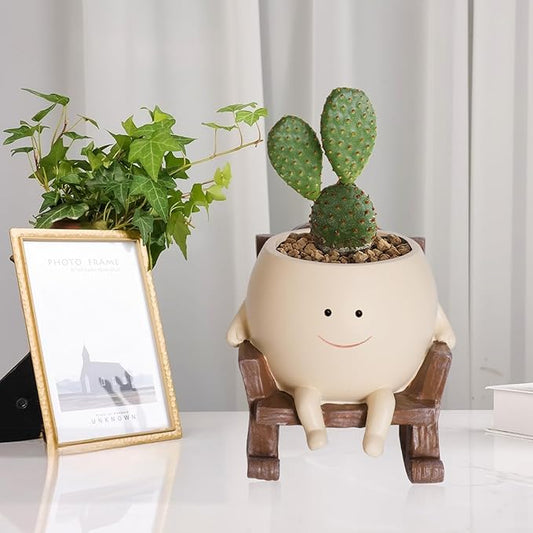 Rocking Chair Face Resin Planter Pot with Drainage Cute Flower Pots for Succulents Plants Live Indoor Outdoor Planters for Houseplants Gift Small (Small)