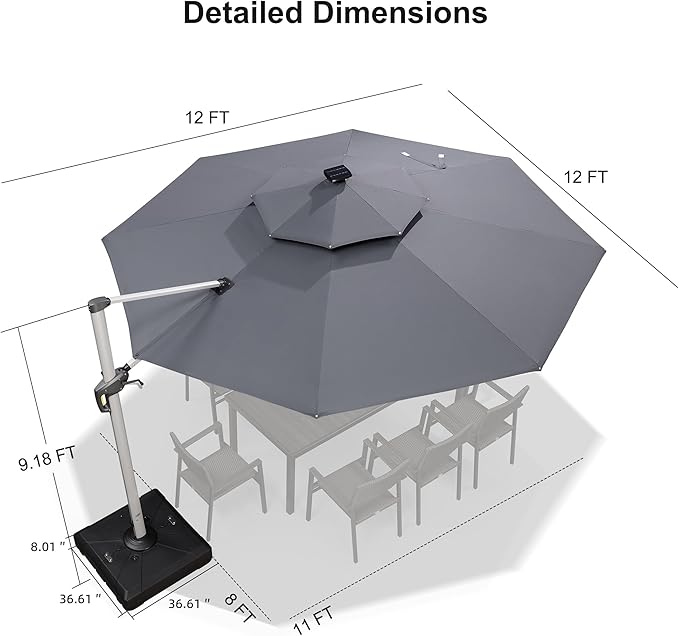 PURPLE LEAF 12ft Patio Umbrella With Base Solar powered LED Cantilever Umbrella with LED lights Windproof Outdoor Offset Umbrella for Garden Deck Pool Patio, Grey