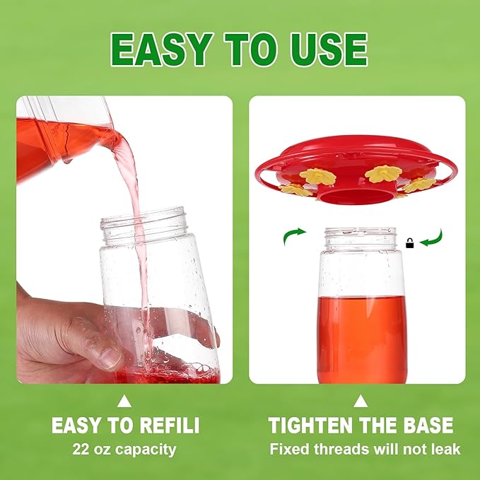 2-Pack Plastic Hummingbird Feeder - 22oz Leakproof Outdoor, 6 Bee-Proof Ports with Ant Moat, Wide Mouth Easy Clean, Hanging Hook for Trees or Decks