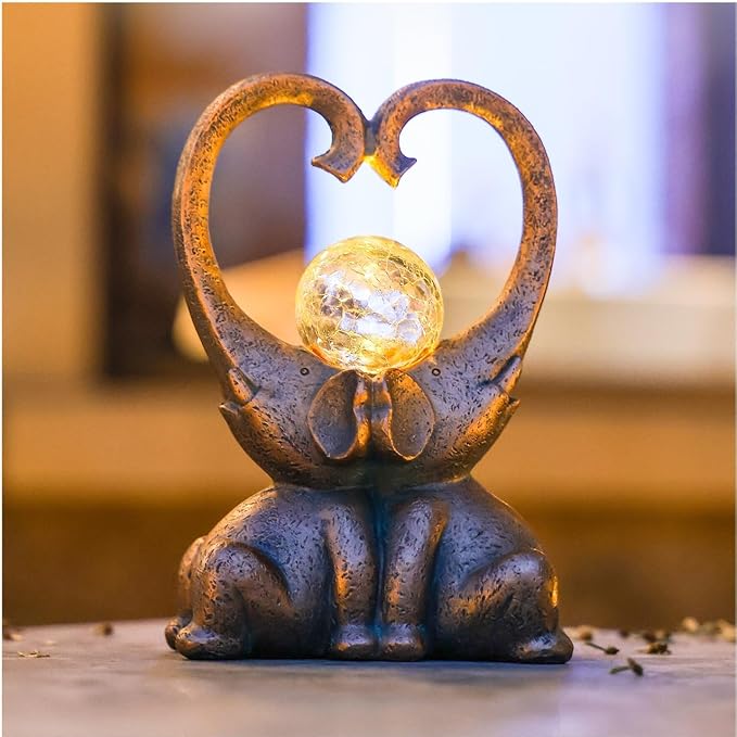 WHIMSYNOOK 7.9" Bronze Elephant Garden Statue with Heart-Shaped Trunks & Solar LED Light – Outdoor Decor for Porch, Lawn, Yard – Perfect Birthday, Housewarming Gifts for Mom and Elephant Lovers