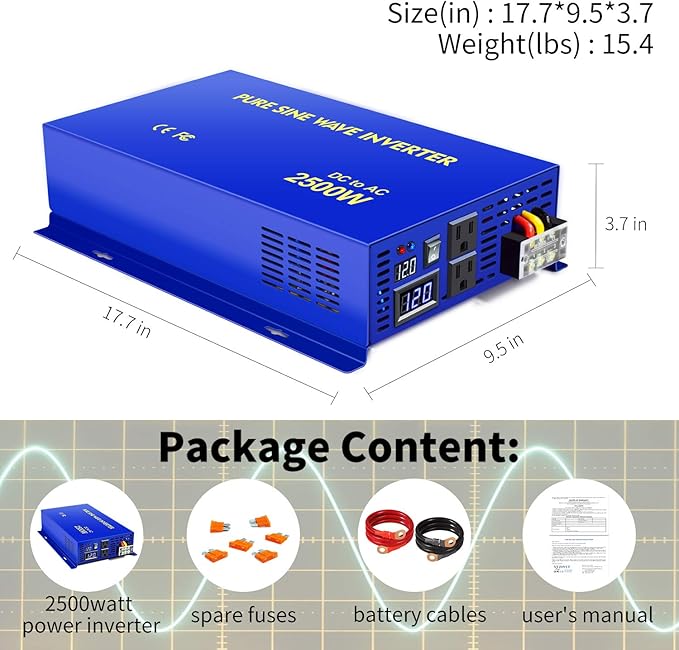 2500 Watt Pure Sine Wave Inverter 12V DC to 120V AC, 2500W Power Inverter Surge 5000W Power Converter for Solar System. (2500W 12V 120V)