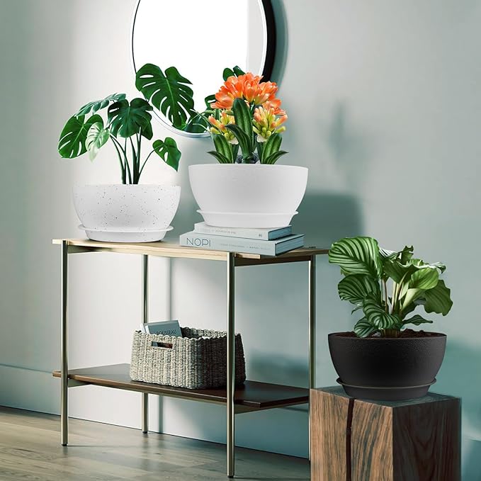 10 inch Plant Pots Pack of 2, Plastic Planter with Drainage Holes and Saucers, Plant pots for Indoor Outdoor Use, Flower Pots for All House Plants (Speckled White)