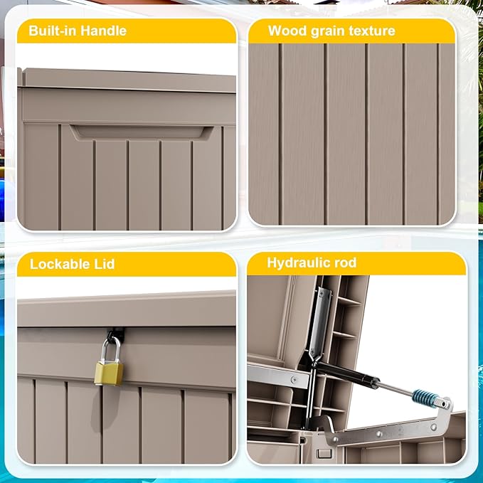 Vixzen 280 Gallon Resin Deck Box, Lockable Outdoor Storage Box for Patio Cushions Storage Furniture,Garden Tools, Pool Supplies, Weatherproof and UV Resistant- Grey