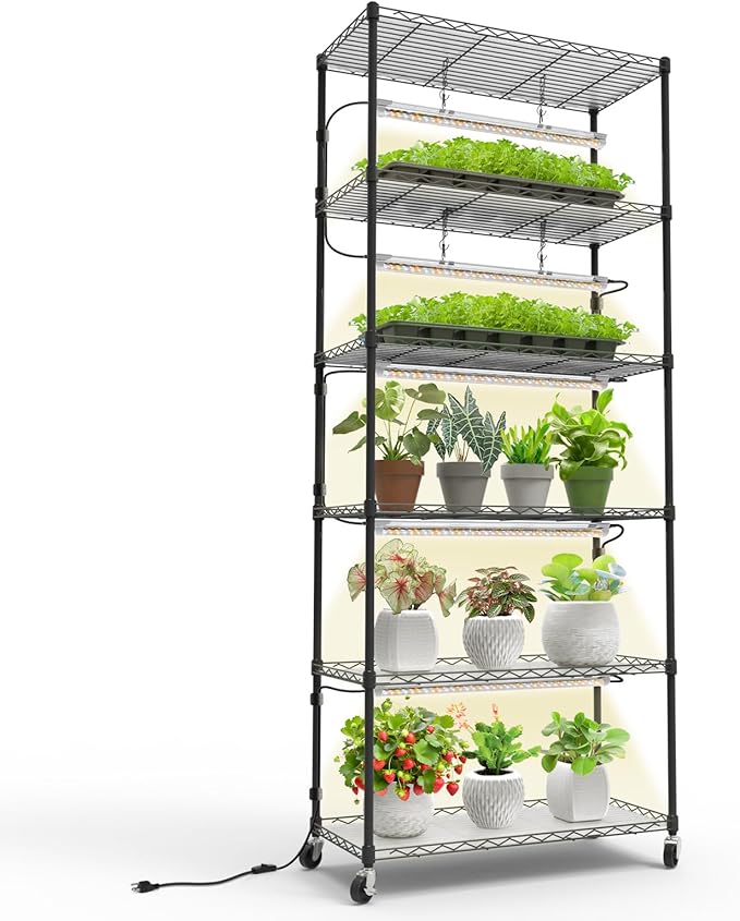 Bstrip Plant Shelf with Grow Light, Metal Plant Stand with Adjustable Rack and Wheels, 5 Pack 24W Full Spectrum Grow Light Strip for Indoor Plants, Seed Starting, Seed Tray, 29.5"x13.8"x71"