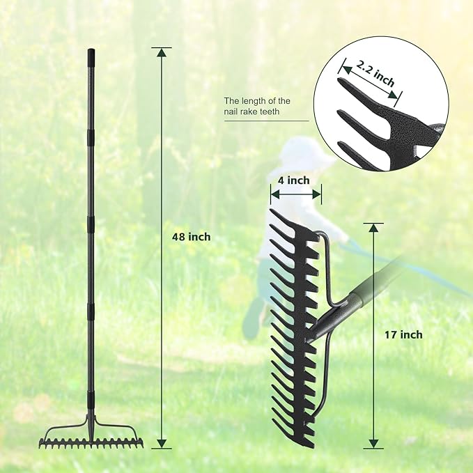 48'' Bow Rake Heavy Duty Garden Rake with Stainless Steel Handle, Tines Metal Head Rake Tool for Loosening Soil Gathering Leaf Leveling Lawn Farming Land Management Yarn Thatch Rake