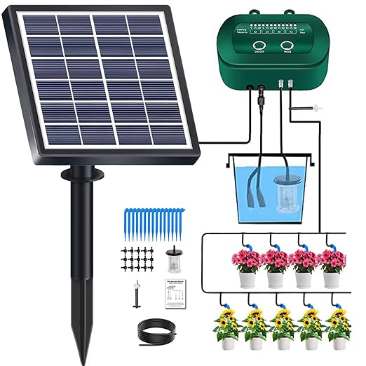 Lewisia 2W Solar Automatic Drip Irrigation Kit with Timer Auto Watering System Solar Powered Auto-Irrigation Set for Garden Beds Patio Lawn Plants Greenhouse Flower 50FT for 15 Plants