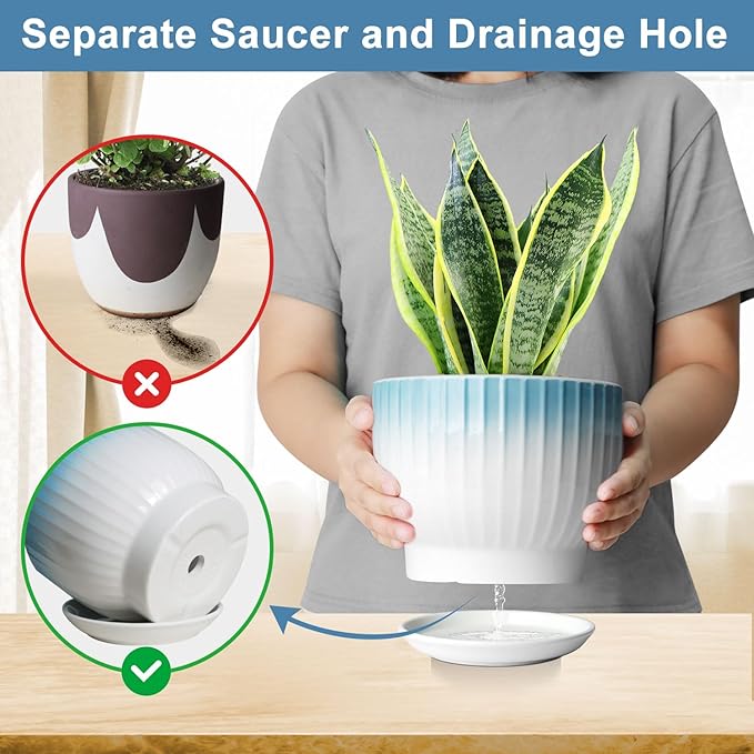 6.7 + 5.5 Inch Plant Pot, Ceramic Planter with Drainage and Saucer, Ceramic Pots for Plants, Indoor Plant pots,Ceramic Flower pots(Blue + White, Plants NOT Included)