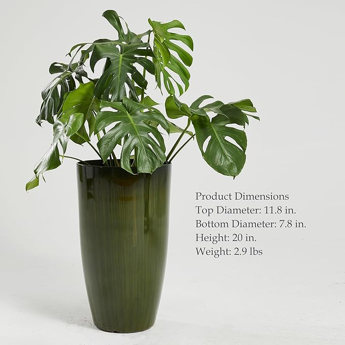 Worth Garden 20" H. Large Plastic Planters - Set of 2 Gradient Green Glossy Smooth Finish - Tall Plant Pots for Indoor & Outdoor Use - Decorative Lightweight Flower Pots for Front Porch, Patio, Deck