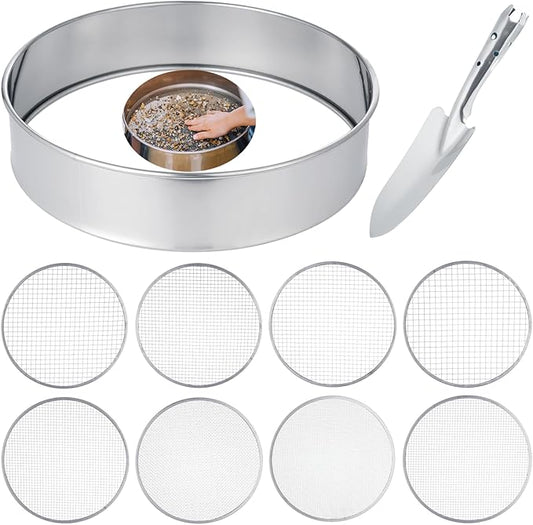 10 PCS Soil Sieve Set, Garden Potting Soil Sifter, 12 Inches Stainless Steel Riddle Sieve, Fine Mesh Soil Sieve, Soil Shovel and 8 Interchangeable Filter Mesh Sizes 2, 3, 5, 6, 7, 9, 10, 12mm