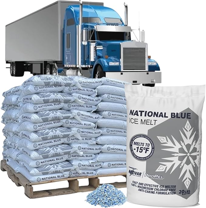 National Blue Snow Salt Ice Melt (20lb Bag Pallet Truckload) - Fast Acting Ice Melter - Pet, Plant and Concrete Friendly, Environmentally Safe - Free of Magnesium Chloride - Melts to -15°F