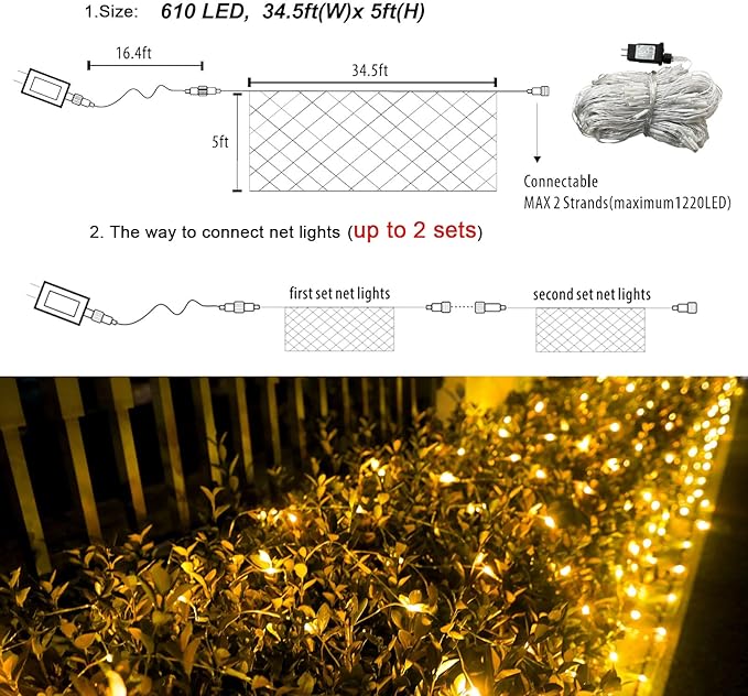 Lovelite 610 LED Christmas Net Lights, 34.5ft x 5ft Mesh Lights Outdoor Clear Wire 8 Modes, Waterproof Connectable String Lights Plug in for Bushes Xmas Tree Garden Holiday Party Decor - Warm White