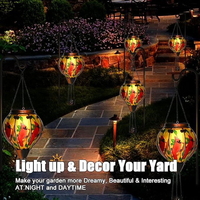 Hot Air Balloon Solar Lantern - Large Cardinal Bird Glass Lantern, Simulated Flickering & Dancing Flame, Big Outdoor Hanging Yard Light Waterproof IP65 for Patio Lawn Porch Decor Gift