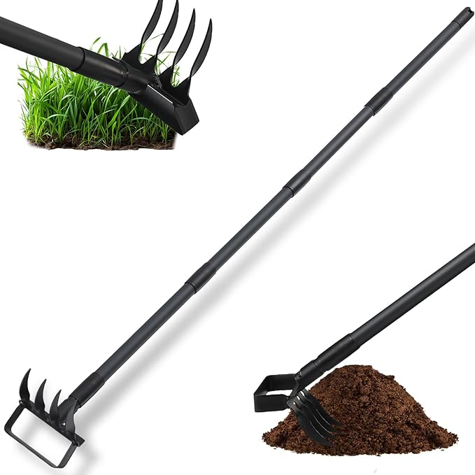 Stirrup Hula Garden Hoe with 4 Tines Rake, 2 in 1 Yard Weed Puller Gardening Weeding Tools, Garden Tiller Cultivator with 62.6" Adjustable Handle for Garden Weeding,Seeding,Ditching,Loosening Soil