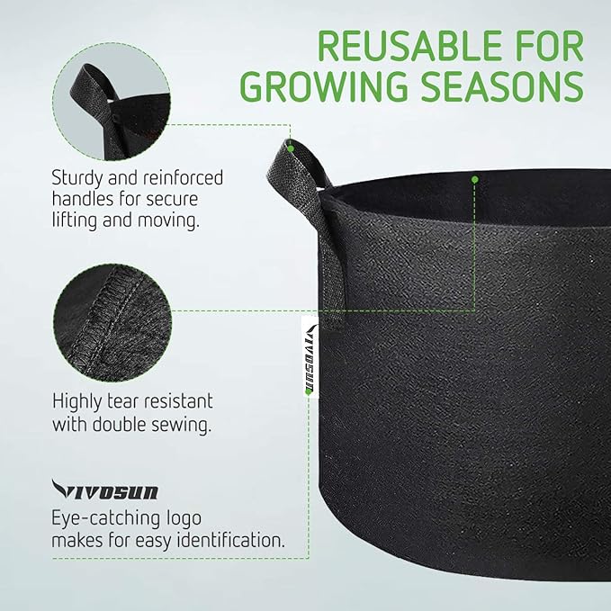 VIVOSUN 5-Pack 25 Gallon Plant Grow Bags, Heavy Duty Thickened Nonwoven Fabric Pots with Handles