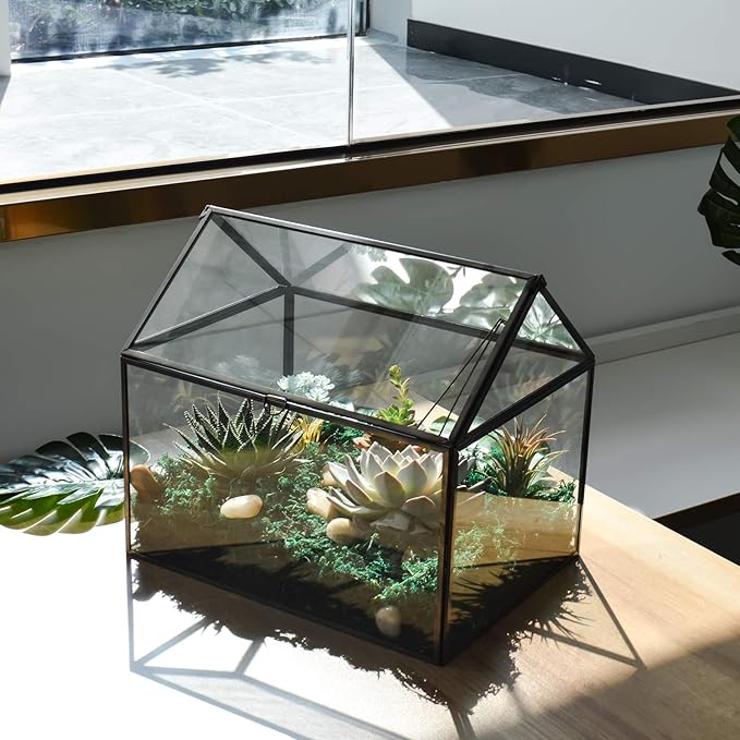 Large Glass Plant Terrarium – House Succulent Glass Terrarium Kit with Lip Glass Greenhouse Terrarium for Plant (Black 1)