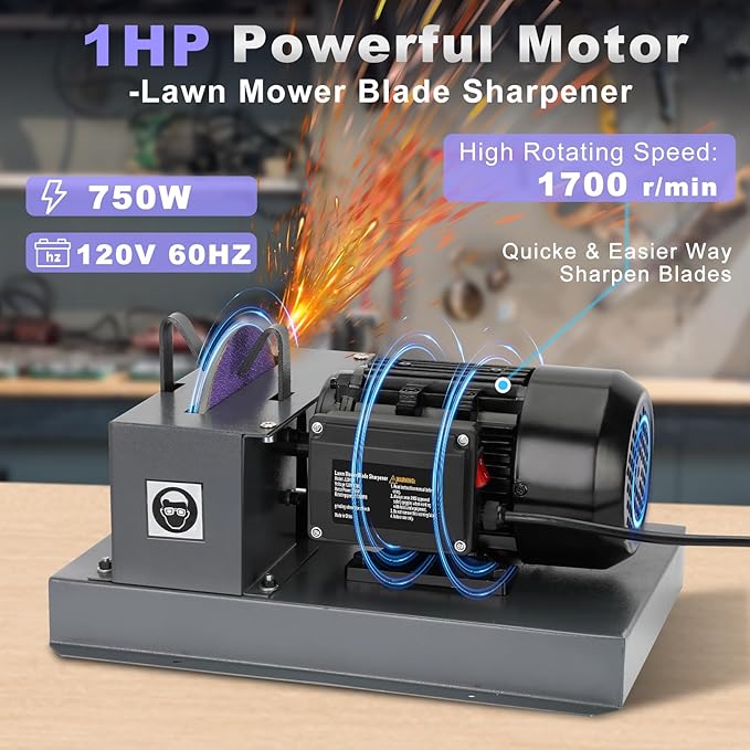 Lawn Mower Blade Sharpener, 1HP 750W Lawnmower Blade Grinder with 9-inch Ceramic Grinding Disc, 2 Sanding Paper & 40°Bracket for High/Low Lift Blades, Gator Blades, Flat Blades