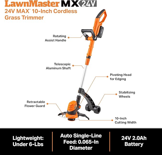 LawnMaster CLGT2410S 24V 10" Cordless String Trimmer Weed Eater 2.0AH Battery & Charger Included