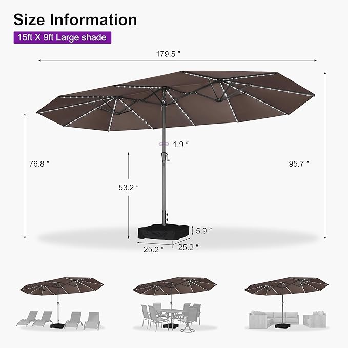 PURPLE LEAF 15ft Double-Side Patio Umbrella with Base and Solar Lights Outdoor Market Umbrella with Crank Handle Rectangle Umbrella for Backyard Pool Garden Deck, Taupe