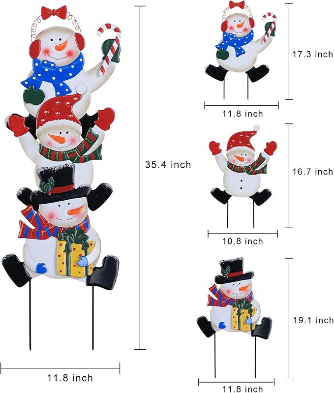 YEAHOME Outdoor Christmas Decorations, Stacked 3 Snowman Decorative Garden Stakes for Christmas Decor, Metal Yard Signs Xmas Decorations for Outside Garden Yard Lawn Porch Holiday Party