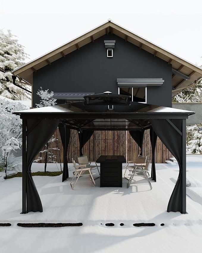 GAOMON Hardtop Gazebo 12'x20', with Double Polycarbonate Roof, Aluminum Alloy Frame, Net, and Curtain, Permanent Building of Backyard Luxury, for Patio, Deck, Backyard, Lawn, and Garden, Gray