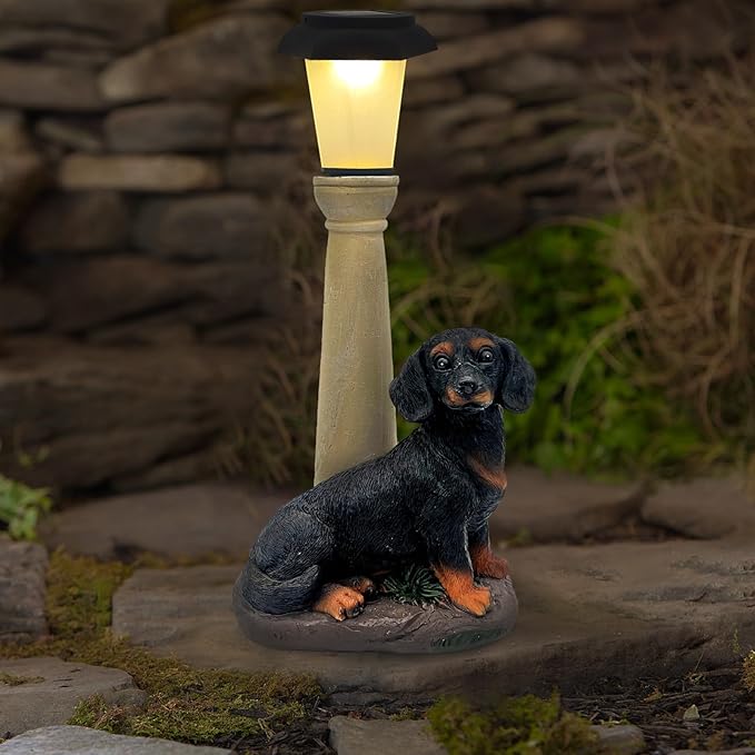 BAYN Solar Dog Garden Statues with Lantern, Resin Dachshund Sculpture with Warm White Light for Outside Lawn Porch Patio