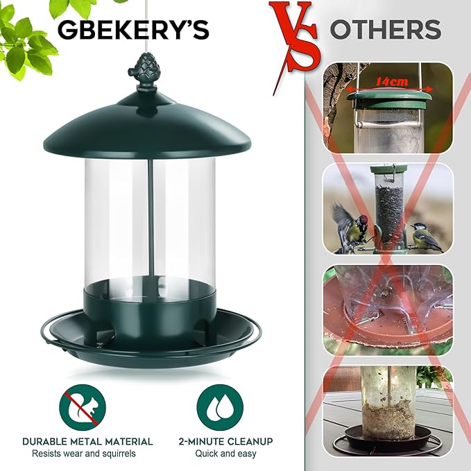 Metal Bird Feeders for Outdoors Hanging, 1.8 Lb Capacity Weather Resistant Wild Bird Feeder with 360 Degree Feeding Tray, Green