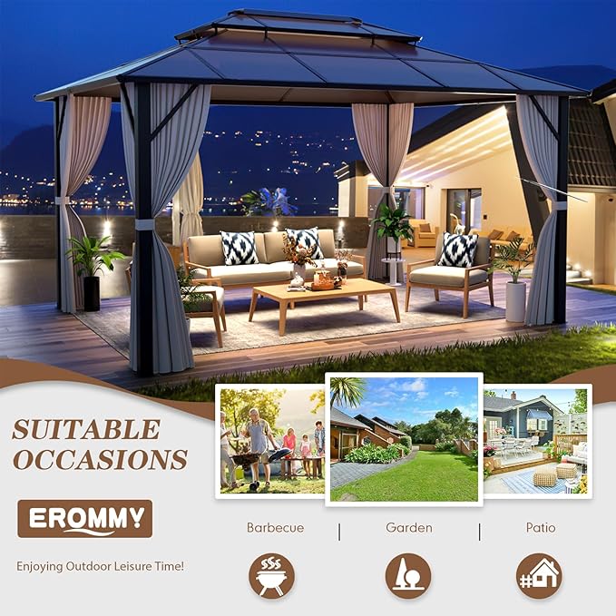 EROMMY 10' x 13' Gazebo Polycarbonate Double Roof Canopy Outdoor Aluminum Frame Pergola, Permanent Pavilion with Netting and Curtains for Garden Patio Lawns Parties
