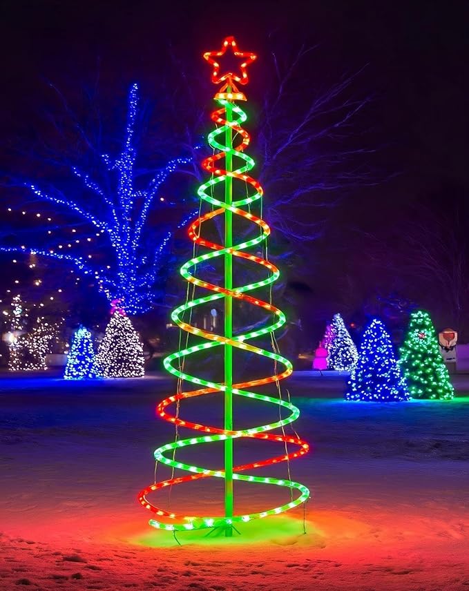 Double Spiral Christmas Tree Light Outdoor, Outdoor Light Up Christmas Tree with 8 Mode Controller, 120V Plug&Play ETL Waterproof for Xmas New Year Yard Garden, Red&Green, 5FT