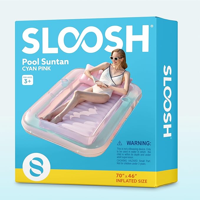 SLOOSH Inflatable Tanning Pool Lounger Float, 70" x 46" Pool Floats Adult with Pillow, 4 in 1 Suntan Tub Raft Floatie,Sunbathing Bed Lounge for Water Blow Up Kids Ball Pit Party Gifts, L-Cyan Pink