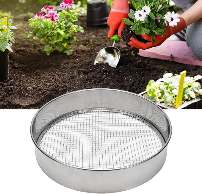 Soil Sieve Stainless Steel Riddle Sieve Set, 12" Diameter, with 3 Interchangeable Filter Mesh Sizes 3,6,9mm and Shovel