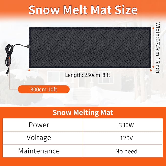 Snow Melting Mats for Roof Valley Walkways, 120V Outdoor Electric Heated Melting Snow Ice Removal, Roof Deicing System Black 15 in x 8 ft
