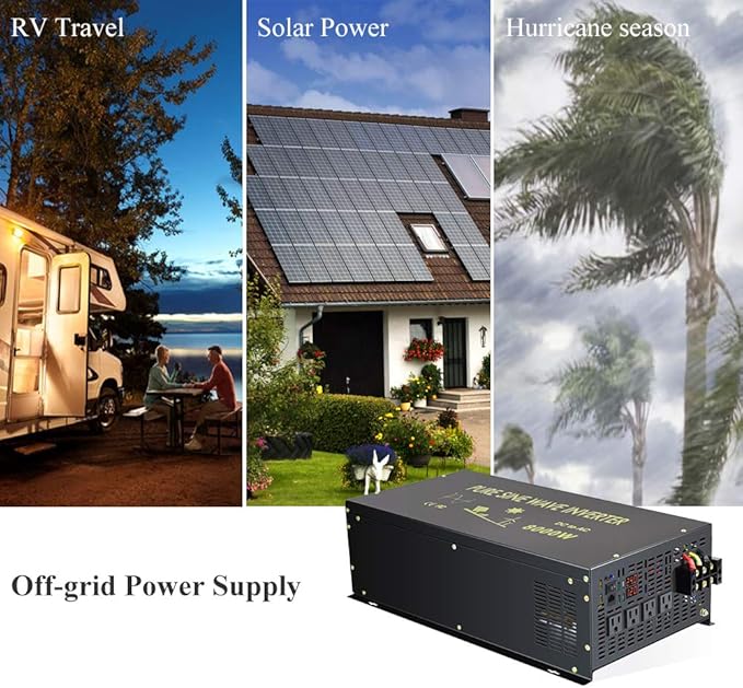 Reliable 8000W Continuous Power Heavy Duty Pure Sine Wave Power Inverter DC 24V to AC 120V with 4 AC Outlets Remote Control 66A Hardwire Terminal and LED Display for RV Car Solar System Emergency