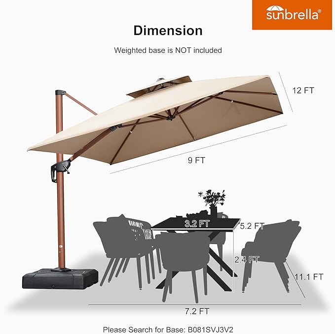 PURPLE LEAF 9' x 12' Double Top Deluxe Rectangle Patio Umbrella - Offset Hanging Cantilever Umbrellas in Heather Beige