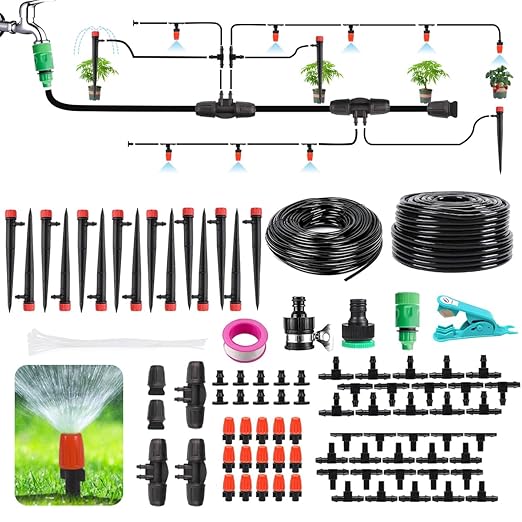 72FT Drip Irrigation Kit, Automatic Garden System with 1/4 inch 1/2 inch Black Tubing Hose, Watering Drip System, DIY Micro Drip Irrigation Set for Greenhouse, Raised Bed, Lawn, Outdoor