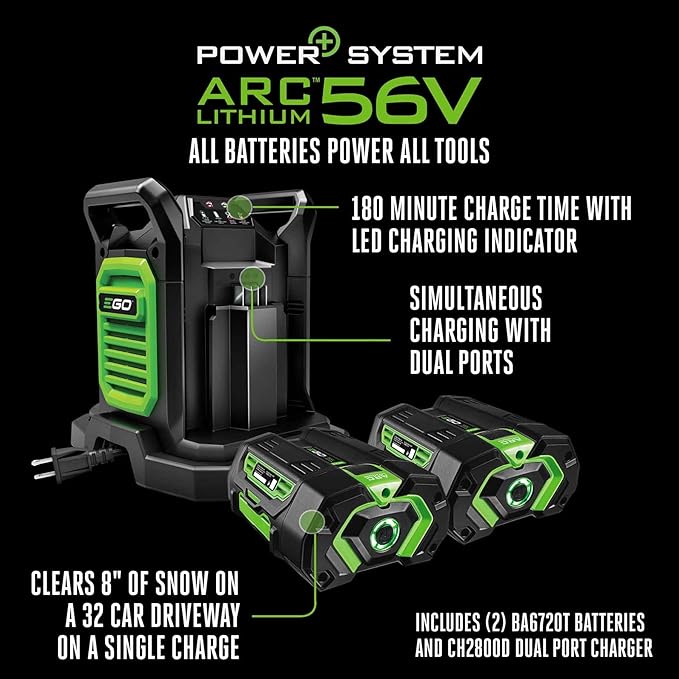 EGO Power+ 28" Electric Snow Blower, Cordless Self-Propelled 2-Stage, Includes (2) 56 V 12.0Ah Batteries and Dual Port Charger - SNT2807