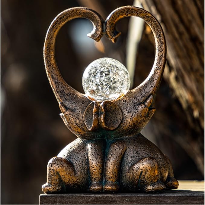 WHIMSYNOOK 7.9" Bronze Elephant Garden Statue with Heart-Shaped Trunks & Solar LED Light – Outdoor Decor for Porch, Lawn, Yard – Perfect Birthday, Housewarming Gifts for Mom and Elephant Lovers