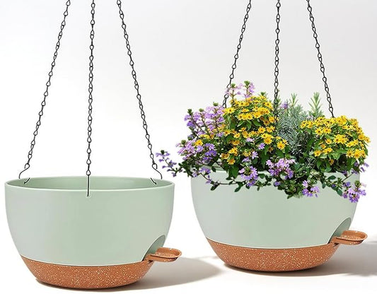 2 Pack 12 Inch Large Hanging Planters with Chains Self Watering Green Brown Plastic Hanging Pots for Indoor Outdoor Plants, Garden Porch Home Decor,Green Brown