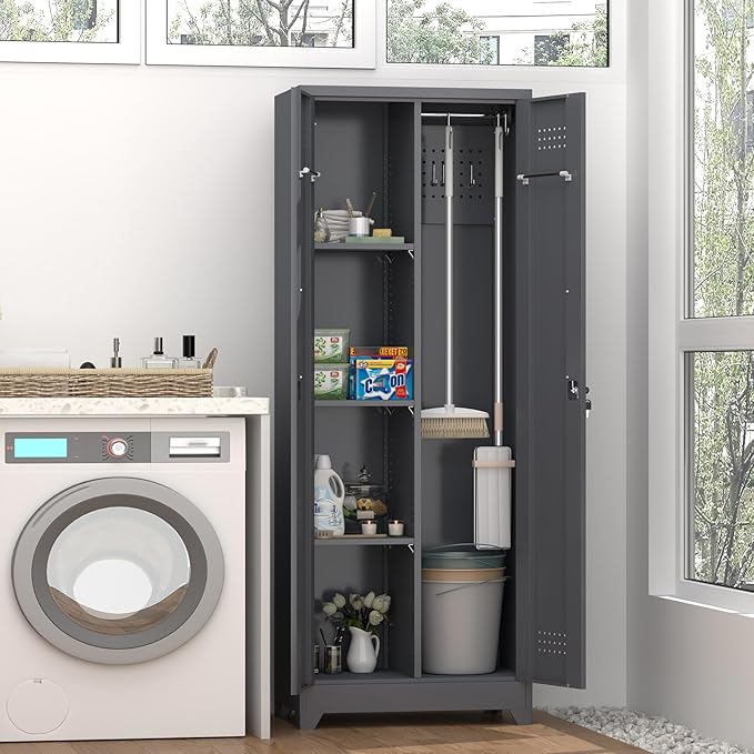 GREATMEET 65" Garage Storage Cabinet, Broom Closet Storage Cabinet, Metal Cabinets with Doors and Shelves, Utility Closet for Brooms and Mops, Utility Cabinets for Storage, Grey