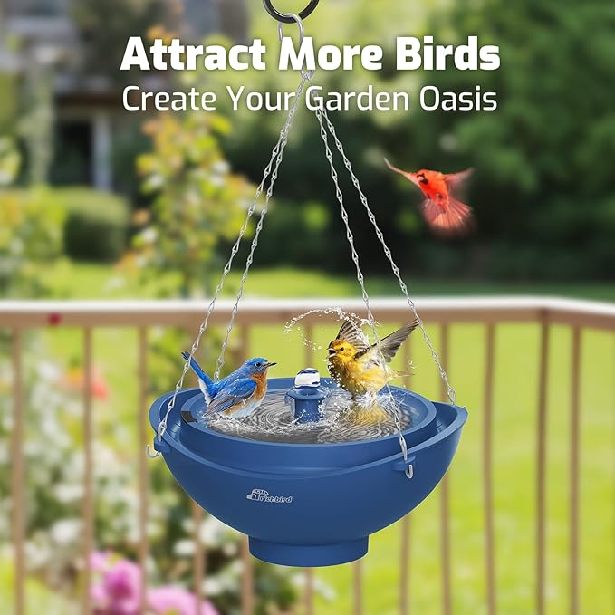 Solar Bird Bath Fountain with Battery, 3-in-1 Hanging & Freestanding Birdbath with Low-Water Protection & 3 Nozzles for Garden, Patio Decor (Deep Blue)