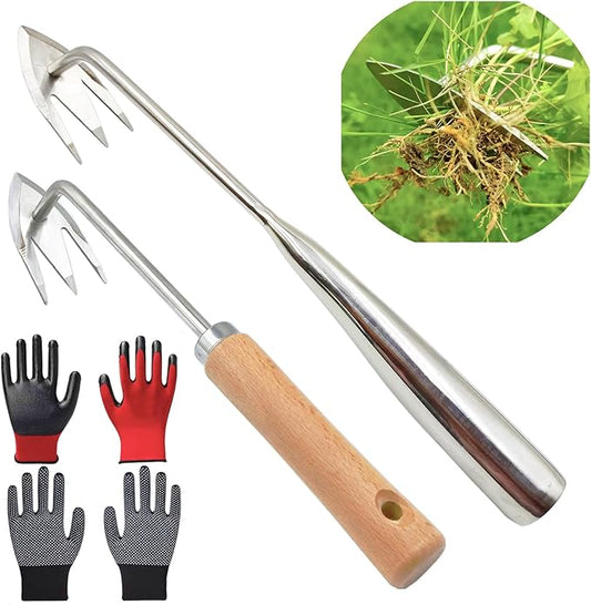 Gardening Weeding Pulling Tool,2pcs New Weeding Artifact Uprooting Weeding Tool,Stainless Steel Garden Weed Puller Tool,Garden Weeder Tool with Gloves for Backyard(13.8+12.6 inch)