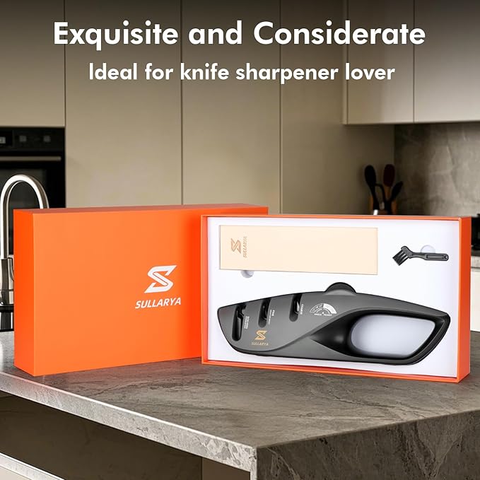 2-in-1 Knife Sharpener Kit with 5 Adjustable Angles Sharpener & Leather Strop – Complete Sharpening System for Kitchen, Pocket, Serrated Knives, Scissors (Sharpen + Polish to Pro Edge)