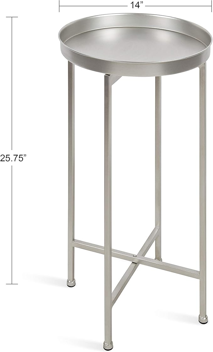 Kate and Laurel Celia Round Metal Foldable Accent Table with Tray Top, 14" x 14" x 25.75", Silver