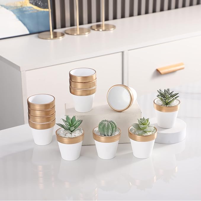 Yishang 36 pcs Small Mini White&Gold Clay Pots, 2.5'' Terracotta Pot Clay Ceramic Pottery Planter,Cactus Flower Terra Cotta Pots,Succulents Nursery Pots,with Drainage Hole, for Crafts,Wedding Favor