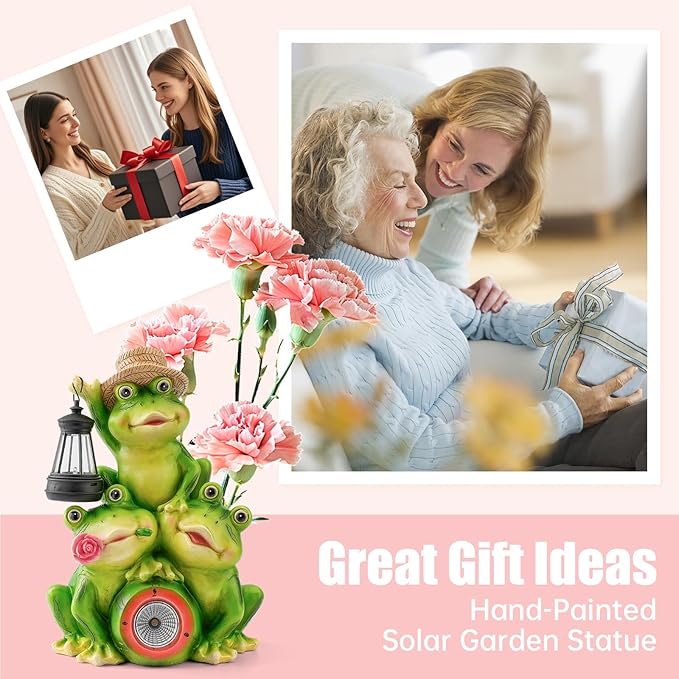 Solar Frog Family Garden Statue Three Frog Figurines with Lantern & LED Light – Cute Solar Yard Decor for Lawn, Patio & Outdoor Pathway – Resin Waterproof Garden Ornament (Family Frogs)