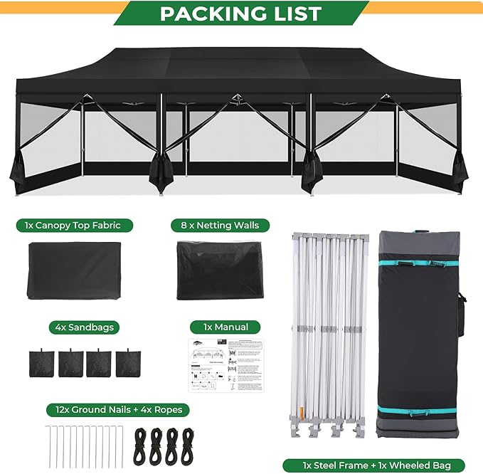 COBIZI 10x30 Heavy Duty Pop Up Canopy with 8 Sidewalls, Commercial Gazebo Party Tent with Mosquito Netting Wall Easy Set Up Outdoor Instant Screen Tent for Backyard, Patio, Garden, Black
