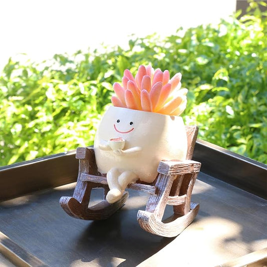 Smiley Face Planters for Indoor Plants, Cute Head Resin Rocking Chair Plant Pots, Funny Small Pots for Plants with Drainage Hole for Home Decor (Drinking Coffee)