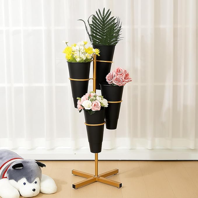 Flower Display Stand with 4 Plastic Buckets, Rotatable Metal Flower Stand Gold Plant Stands 4 Tier Florist Shelf Plant Cart for Patio Garden Living Room Indoor Outdoor Home Decoration (Black)