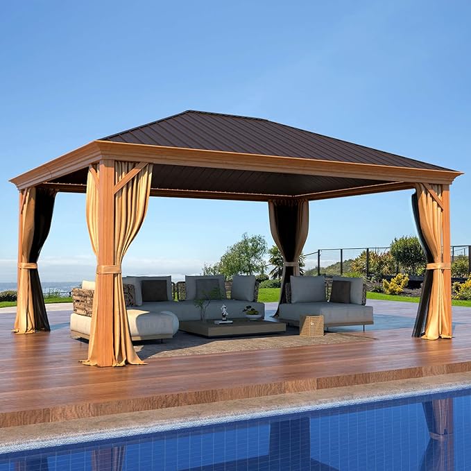 MELLCOM 12'x16' Gazebo, Wood Looking Gazebo with Aluminum Frame and Single Galvanized Steel Roof, Outdoor Permanent Metal Pavilion with Curtains and Nettings for Deck, Backyard and Patio