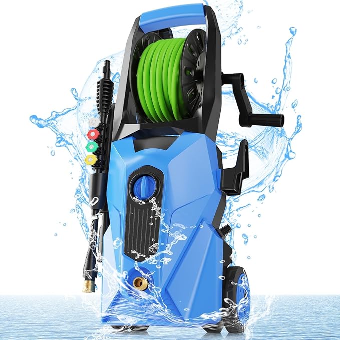Pressure Cleaner 5000 PSI,2.8 GPM Power Cleaner with Foam Cannon,Portable Cleaner with 33ft Hose Reel,4 Nozzle Tips,and Soap Bottle for Cars/Home/Driveways/Patios/Decks/Fences(Blue)